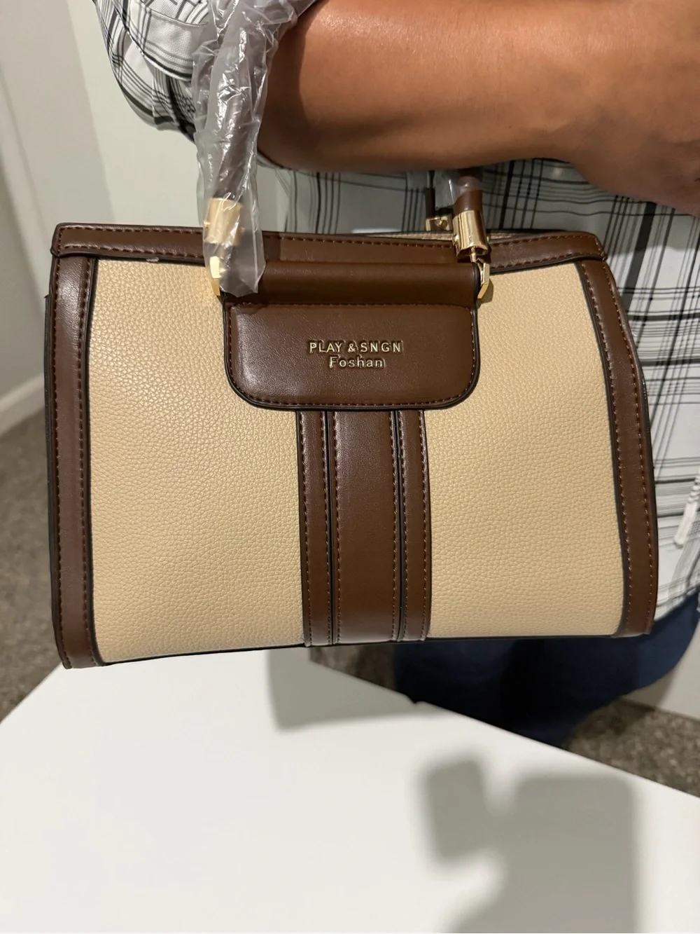 PLAY & SINGN Beige and Brown Structured Satchel Bag Set
